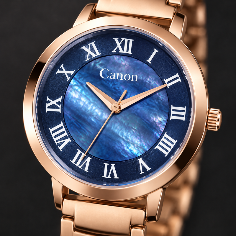 Macro close-up of CN-540 blue mother of pearl dial with Roman numerals