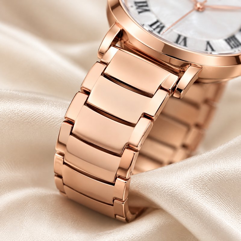 Macro of CN-541 rose gold flat-link bracelet on ivory silk