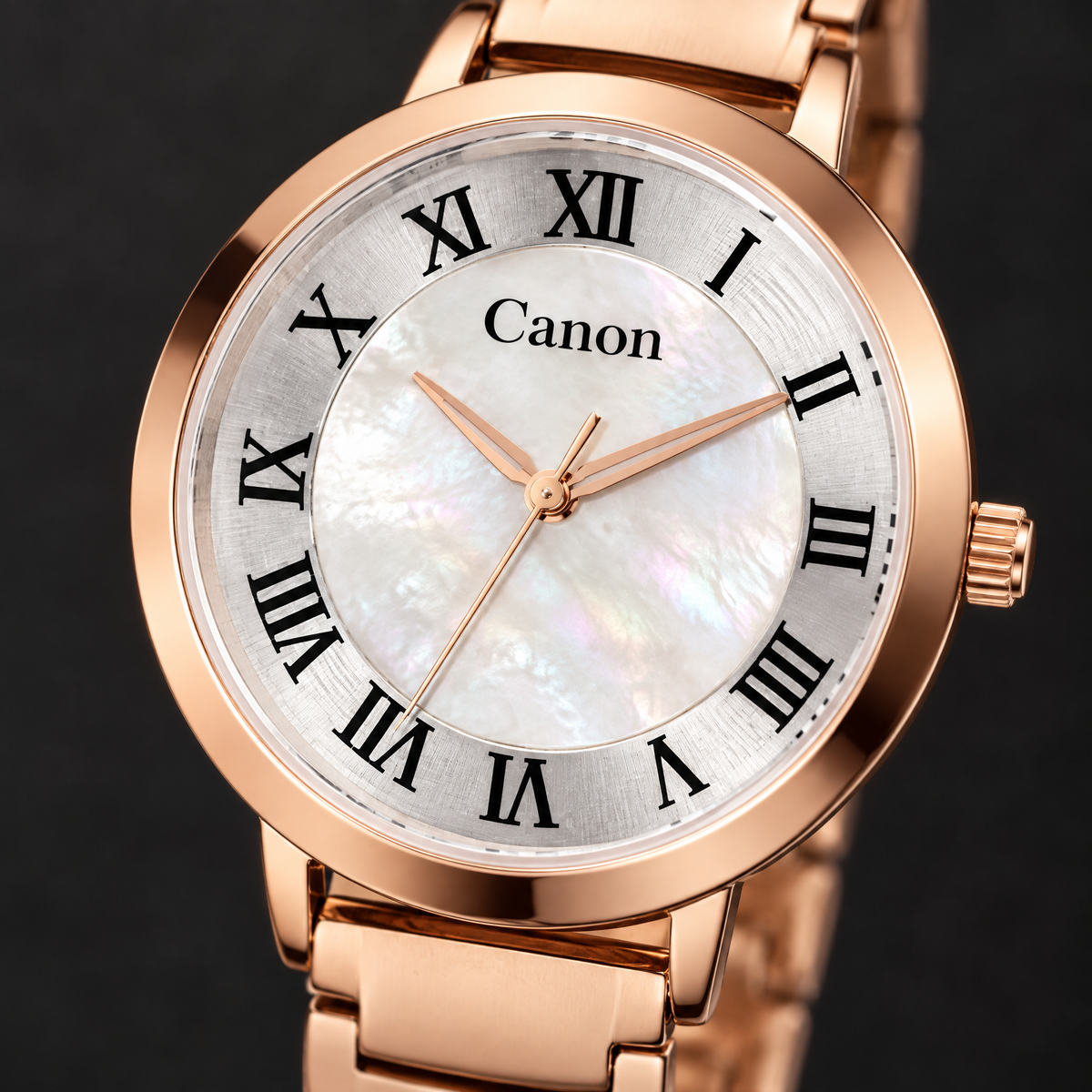 Macro close-up of CN-541 white mother of pearl dial with Roman numerals
