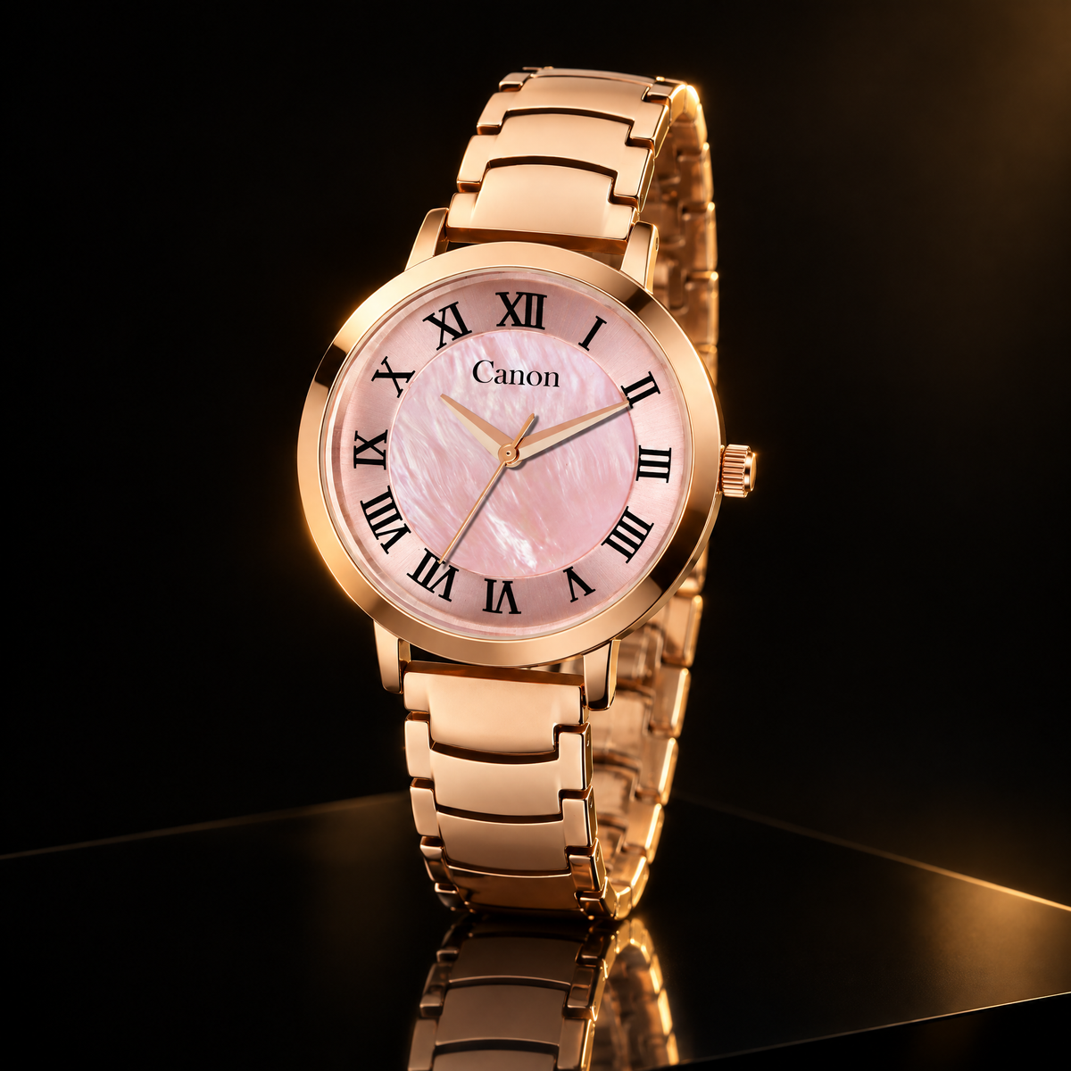 CN-542 pink mother of pearl watch at a three-quarter angle on black
