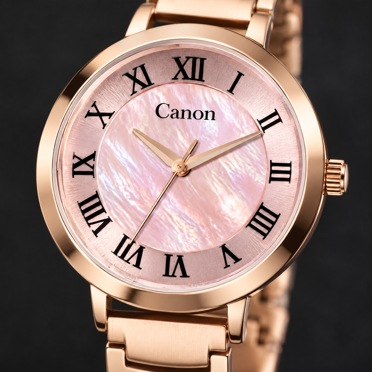 Macro close-up of CN-542 pink mother of pearl dial with Roman numerals