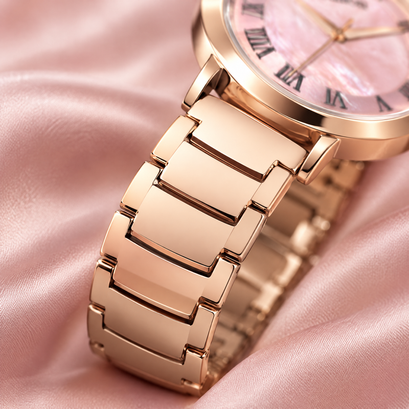 Macro of CN-542 rose gold flat-link bracelet on blush silk