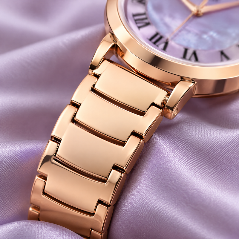 Macro of CN-543 rose gold flat-link bracelet on lilac silk