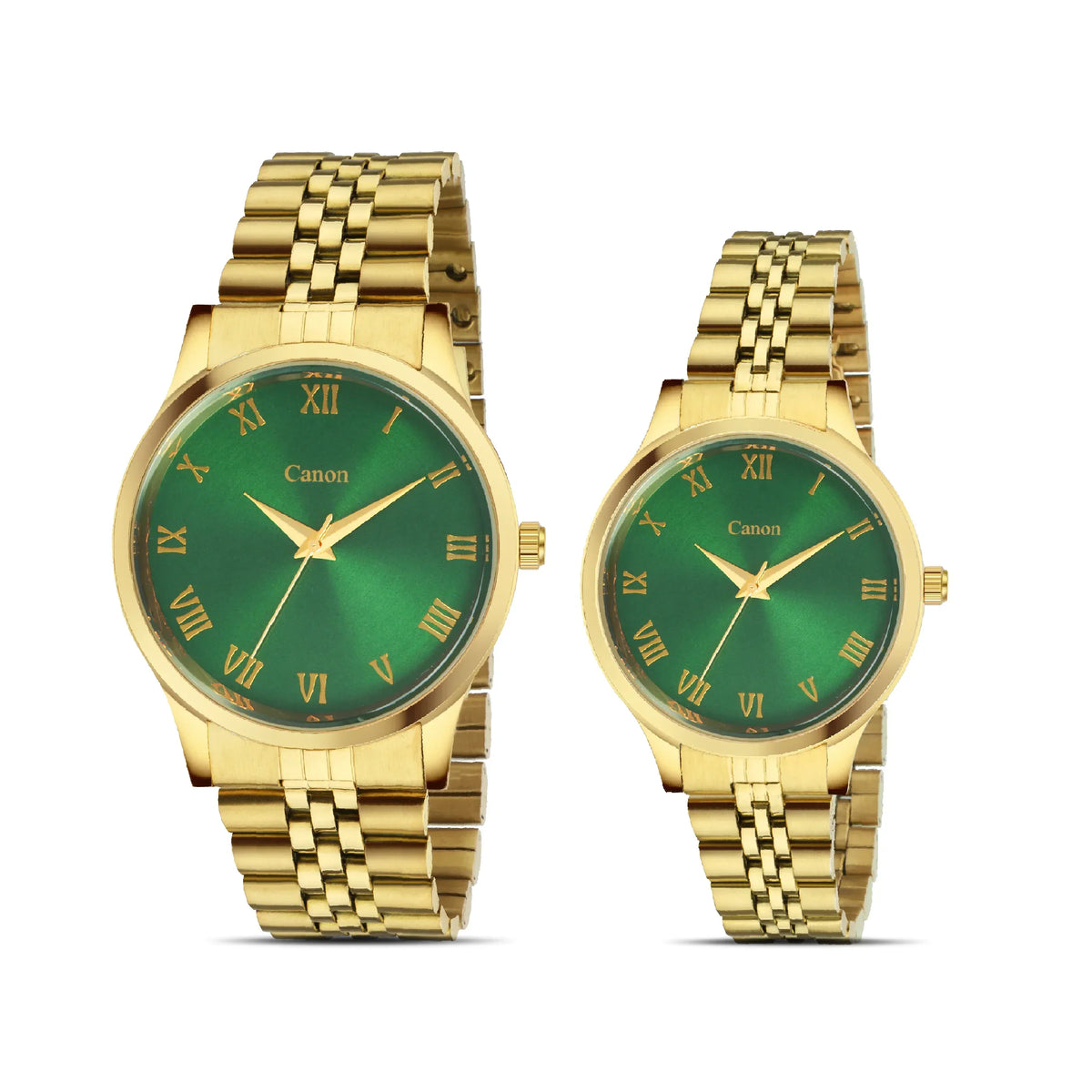 Pair of gold analog watches with green dials and Roman numerals on white background