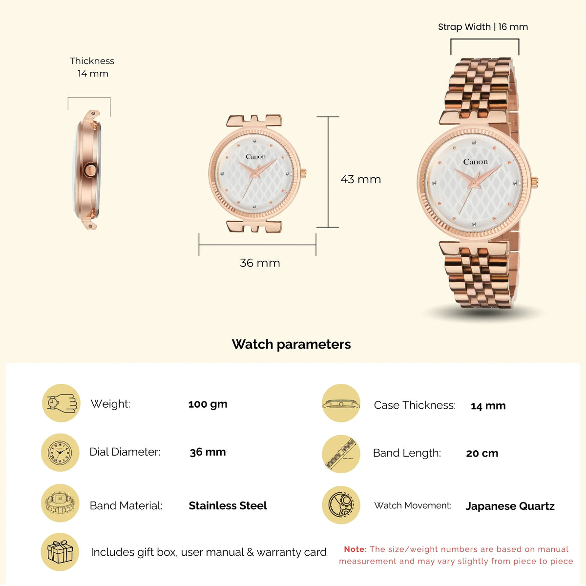 Rose gold analog watch with stainless steel band, 36mm dial, 14mm thickness, 20cm length